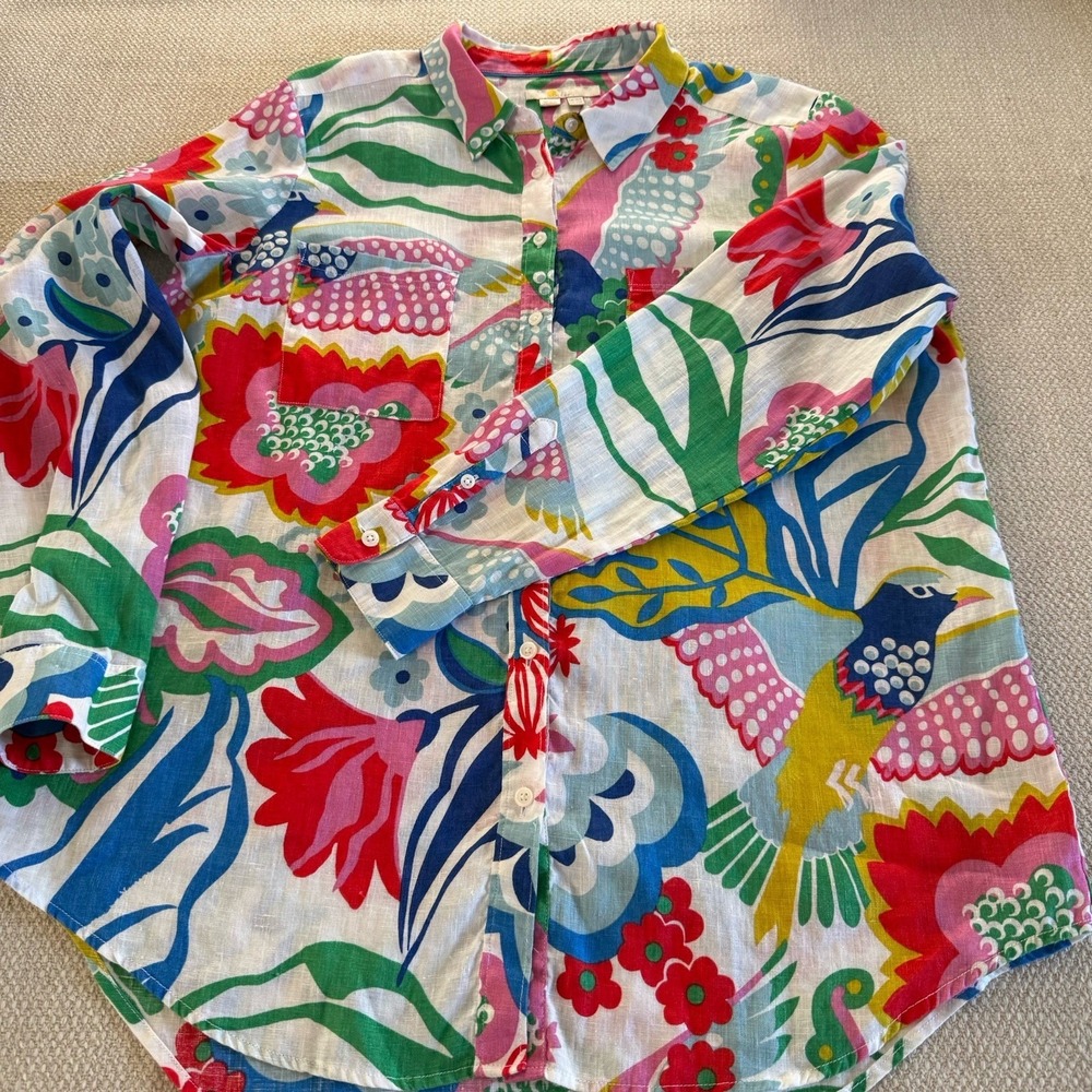 Boden Linen Long Sleeve Floral Bird Button Up Blouse Women 10R Boho Resort - Picture 9 of 13